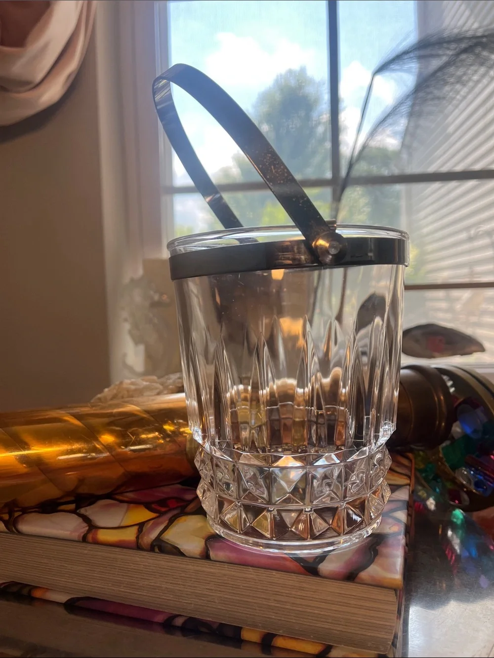 vintage crystal Ice Bucket with Silver Handle - Elegant Home Dining Accessory